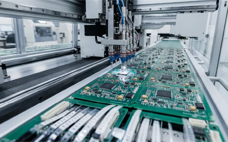 A pick-and-place machine populating circuit boards on an SMT production line